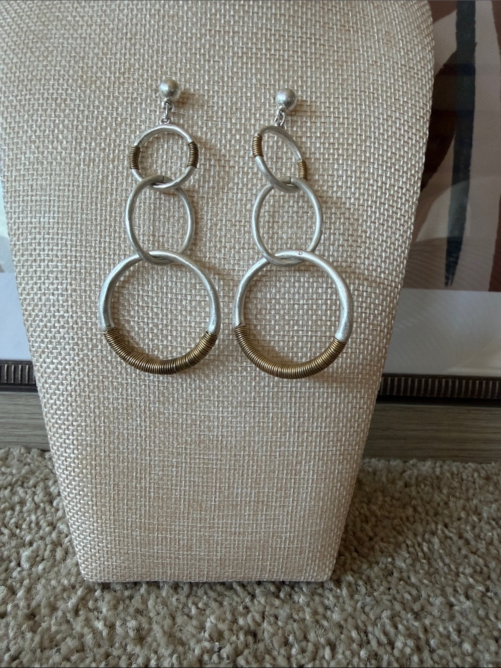 Silver and Gold Two-Tone Linked Hoop Drop Earrings 3 Inches Long